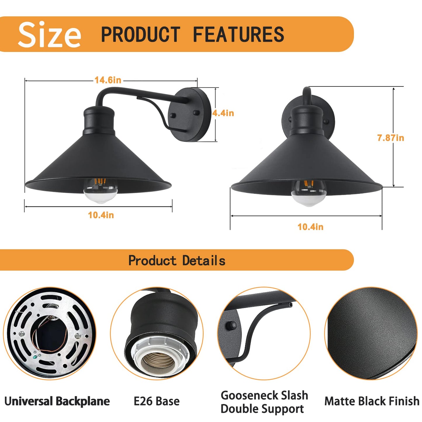 VICTOGATE 2 Pack Outdoor Wall Lights Wall Mount for House, Porch Light Fixtures, Matte Black Modern Farmhouse Wall Sconce, Classic Barn Lights Outdoor