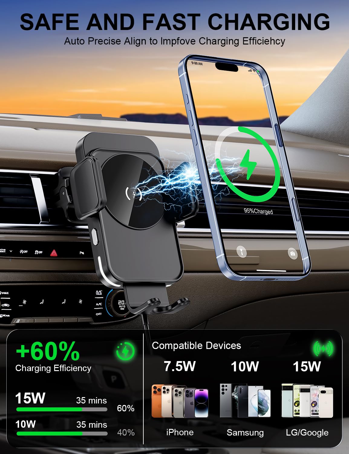 bokilino Wireless Car Charger, 15W Fast Charging [Auto Clamping] [Auto Alignment] Phone Holders for Your Car Dashboard Windshield Air Vent Car