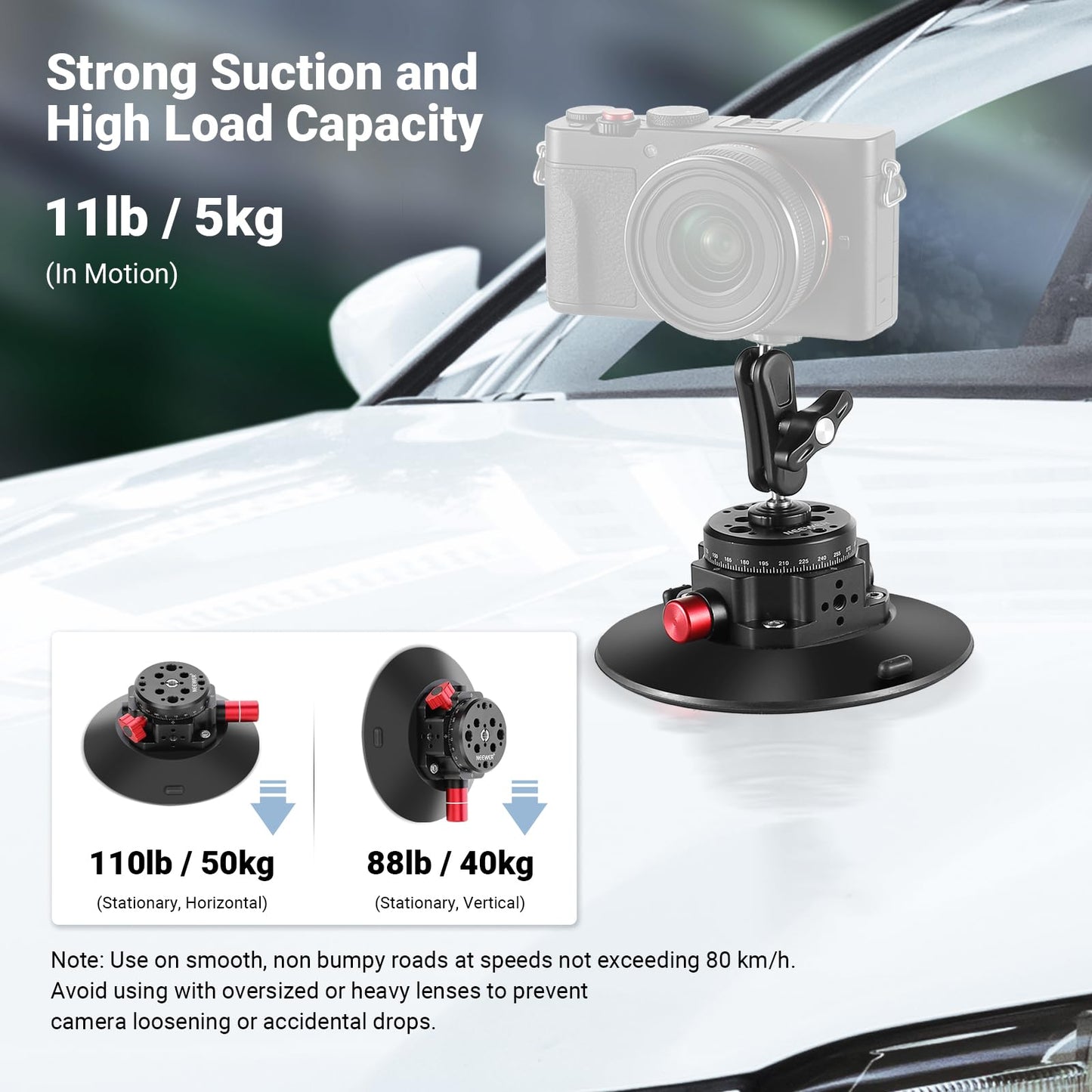NEEWER 6"/15.2cm Camera Suction Cup Mount with Ball Head Magic Arm, Metal Suction Cup Mount on Car Windshield Dash for Camera/Action Camera/Phone