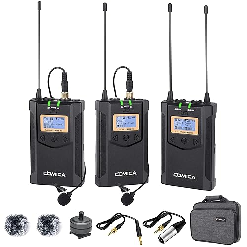 Wireless Lavalier Microphone, with Carrying Bag,Comica CVM-WM100 PLUS UHF 48 Channels Dual Lapel Microphone System for DSLR Cameras, XLR Camcorder