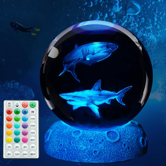 POSSHE Shark Night Light, 3D Crystal Ball Shark Lamp, Underwater Gifts with 16 Color Remote Upgraded 3.15 Inch Ball for Room Decor Boys Girls Birthday