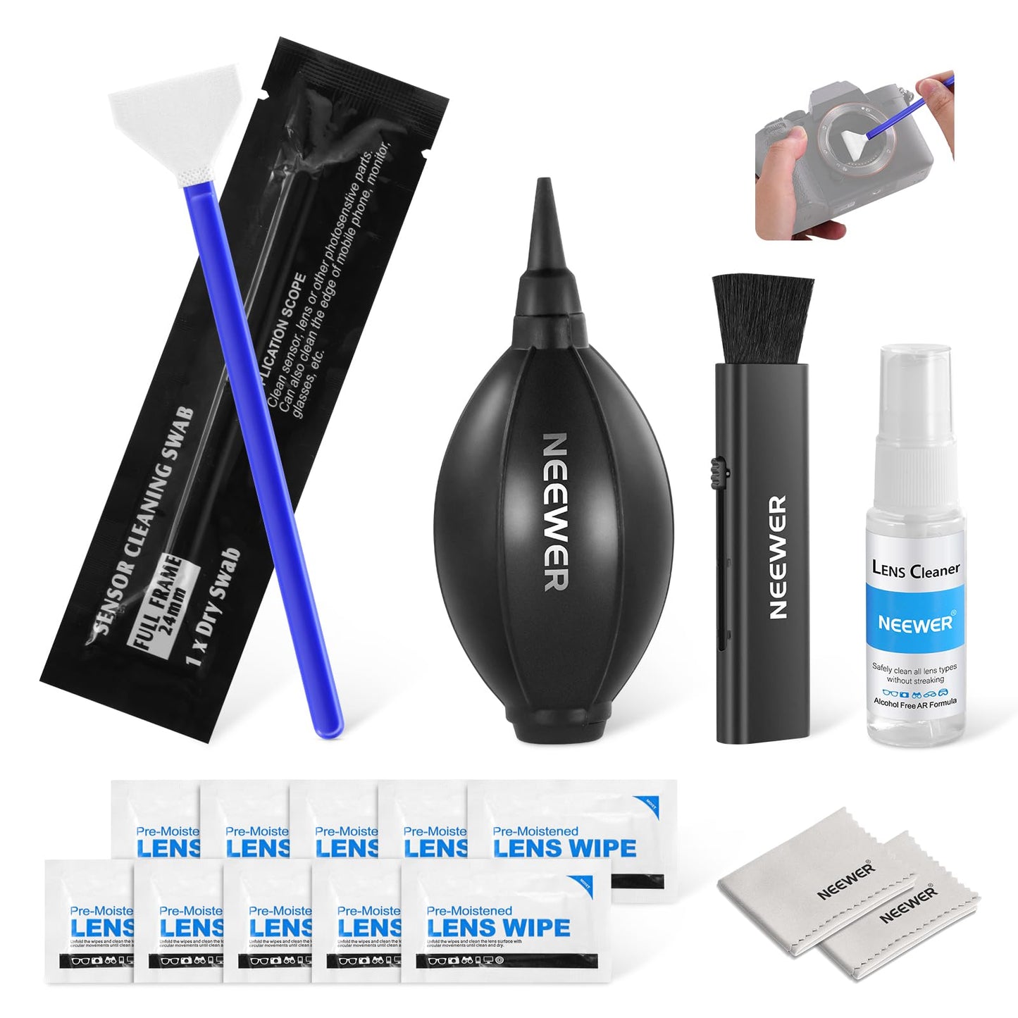 NEEWER 16 in 1 Camera Lens Cleaning Kit, 1x Brush + 1x Air Blower + 1x Cleaning Swab for 24mm Full Frame Sensor + 1x Cleaner Spray + 2X Cloth + 10x