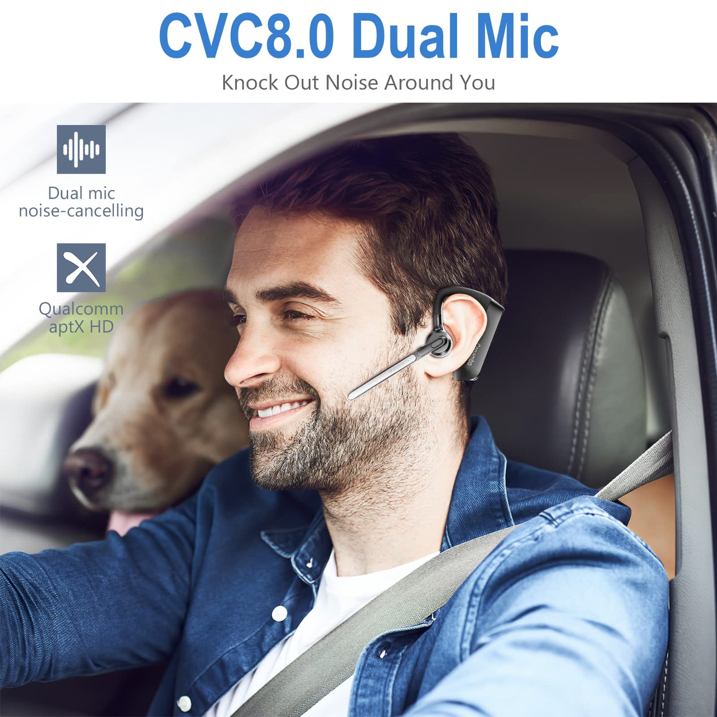Conambo Bluetooth Headset 5.2 with CVC8.0 Dual Mic Noise Cancelling Bluetooth Earpiece 16Hrs Talktime Wireless Headset for Truck Driver iPhone Android