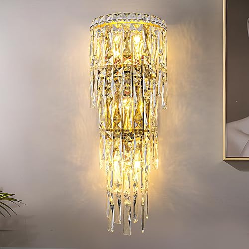 Fang Yan Mei Modern K9 Crystal Wall Sconce, Gold Finish Wall Light Fixture, Acrylic Crystal Drops Wall Lamp Bedside Light 3 Tiers Crystal Wall Lamp