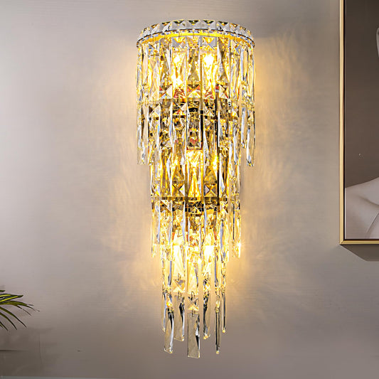 Fang Yan Mei Modern K9 Crystal Wall Sconce, Gold Finish Wall Light Fixture, Acrylic Crystal Drops Wall Lamp Bedside Light 3 Tiers Crystal Wall Lamp