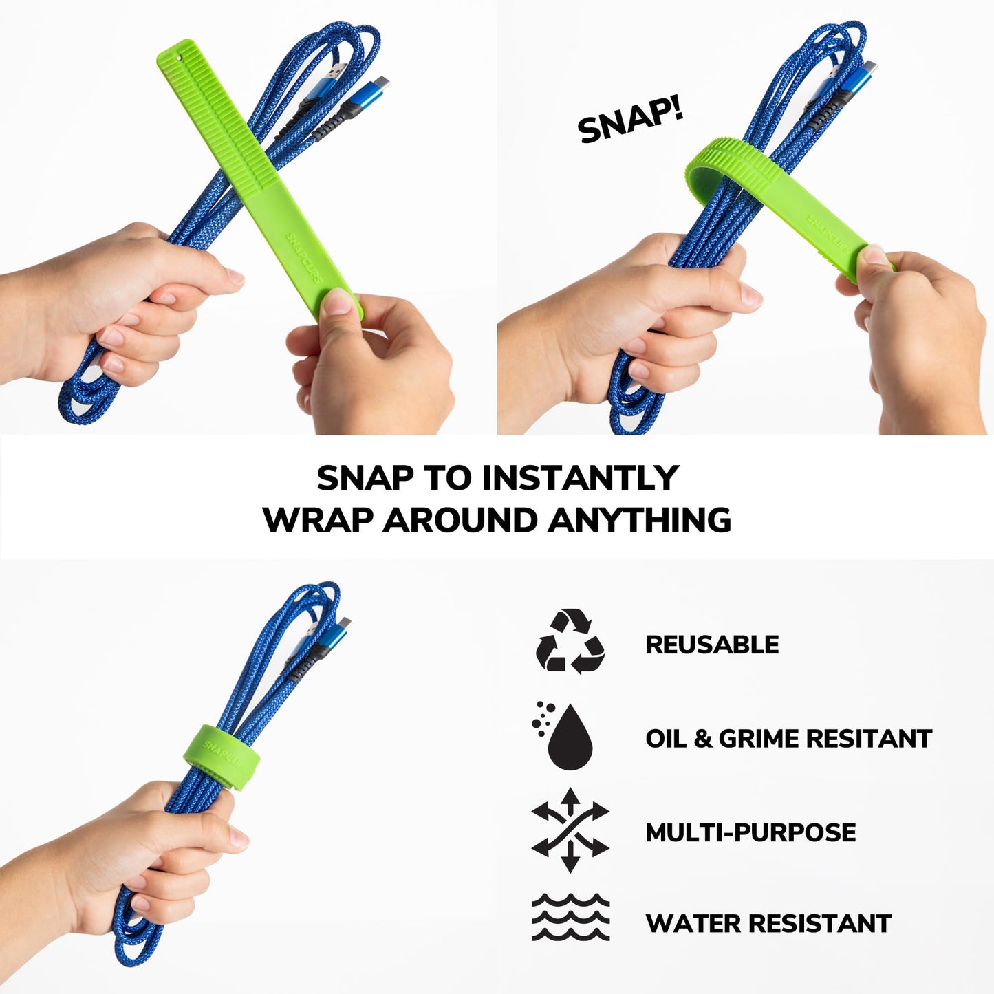SnapClips Storage Straps, 6" Green - Set of 2, Heavy Duty Extension Cord Organizer Straps, Reusable Cable Ties, Hose Storage, Accessories Holder