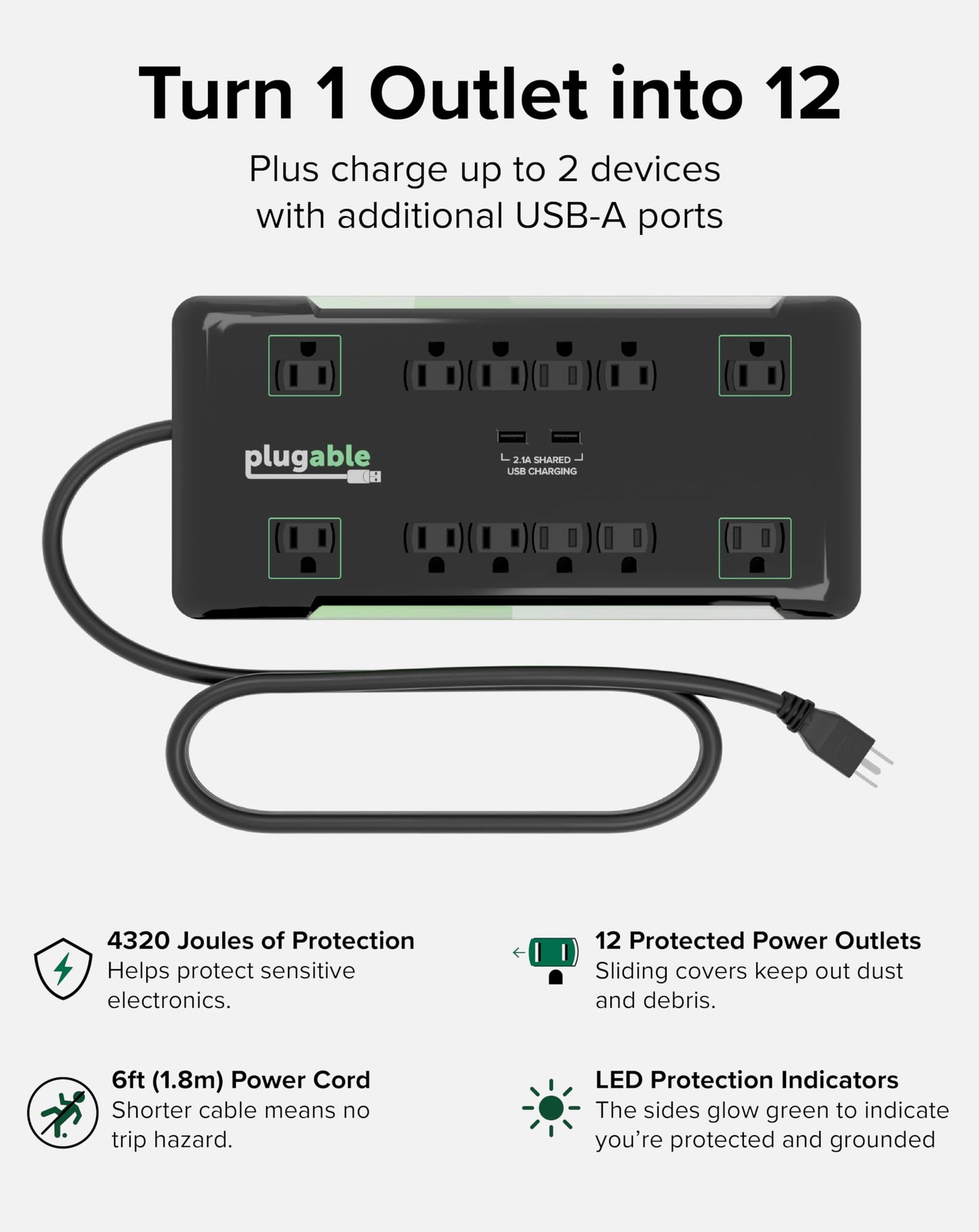 Plugable 12 Outlet Power Strip 4320 Joules Surge Protection, Built-in 10.5W 2-Port USB Charger for Android and Apple Phones, Mobile Devices, 6 Foot