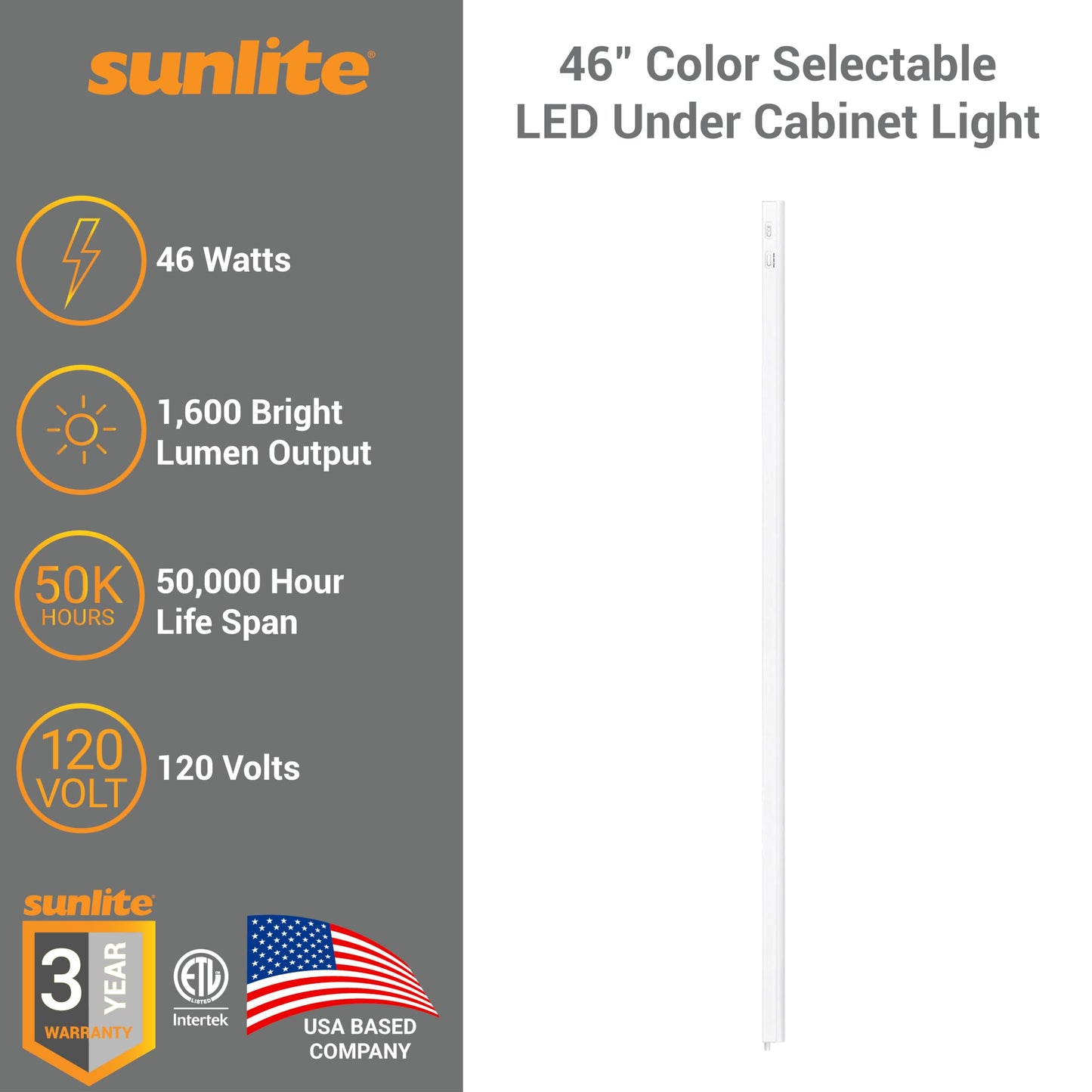 Sunlite LED Under Cabinet Lighting Plug in 46 Inch Linkable Under Counter Lights for Kitchen 16 Watts, 120 Volts, 1600 Lumens, Adjustable 3 CCT