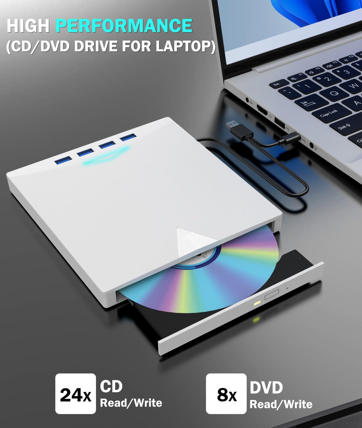 External CD/DVD Drive for Laptop PC,8 IN 1 LED Portable DVD Drive CD Burner CD-ROM DVD-/+RW Writer Reader with TF/SD Card Slots,USB 3.0 DVD Drive
