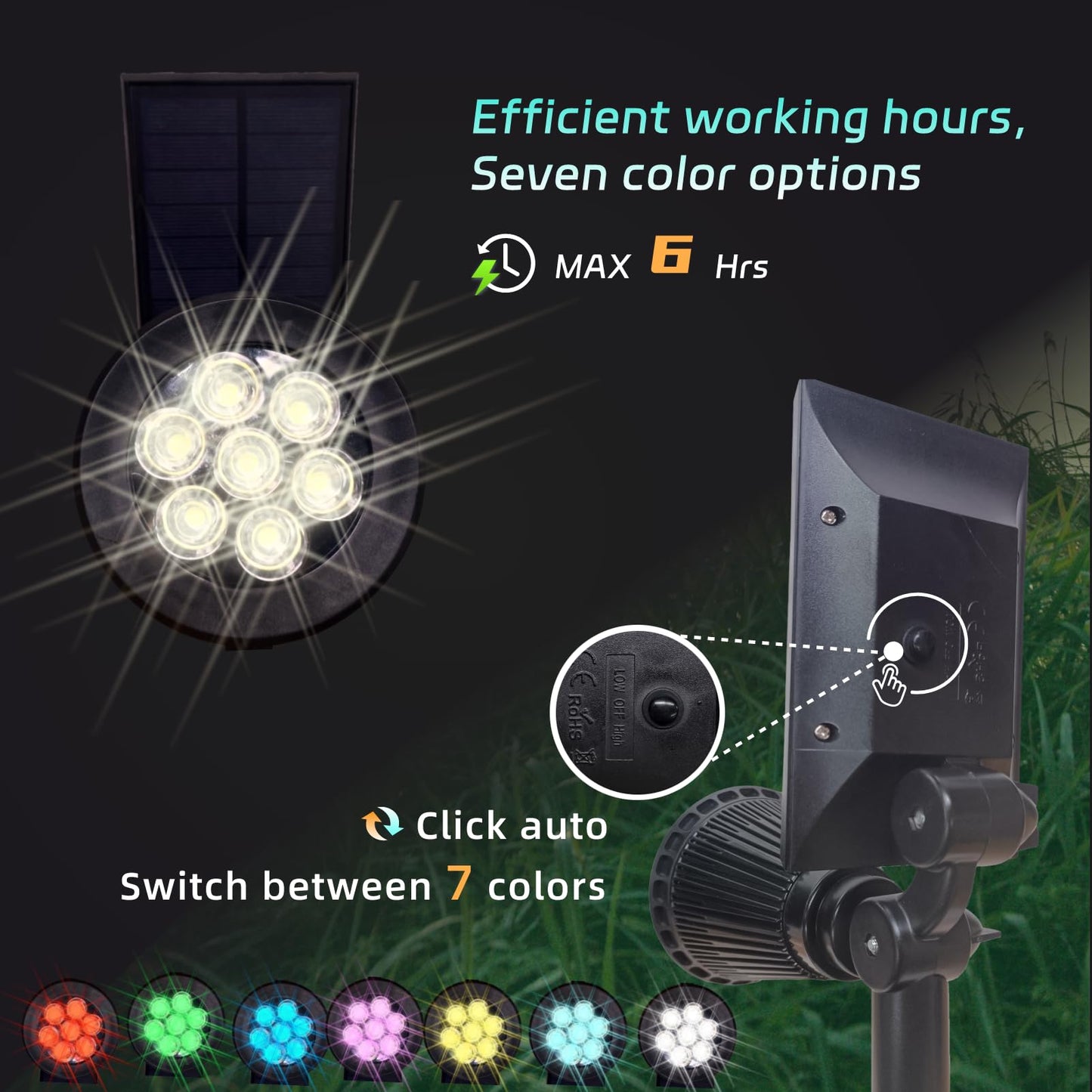 Sunklly Solar Spot Lights Outdoor Color Changing, 8 Lighting Modes 2-in-1 Solar Lights Outdoor Waterproof, Auto On/Off Multicolor Solar Powered