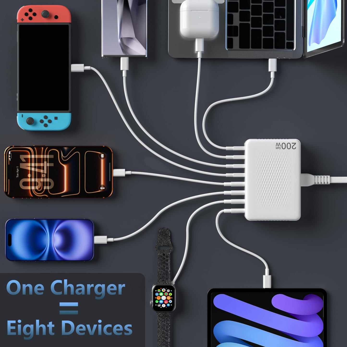 200W GaN 8-Port USB C Charging Station, PD 65W Multi-Device Charger