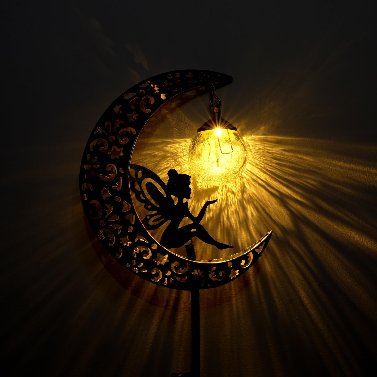 Solar Garden Lights Outdoor Decor,Moon Fairy Crackle Glass Lights,Waterproof Warm White LED Metal Stake Ornament,for Walkway Backyard Patio Lawn
