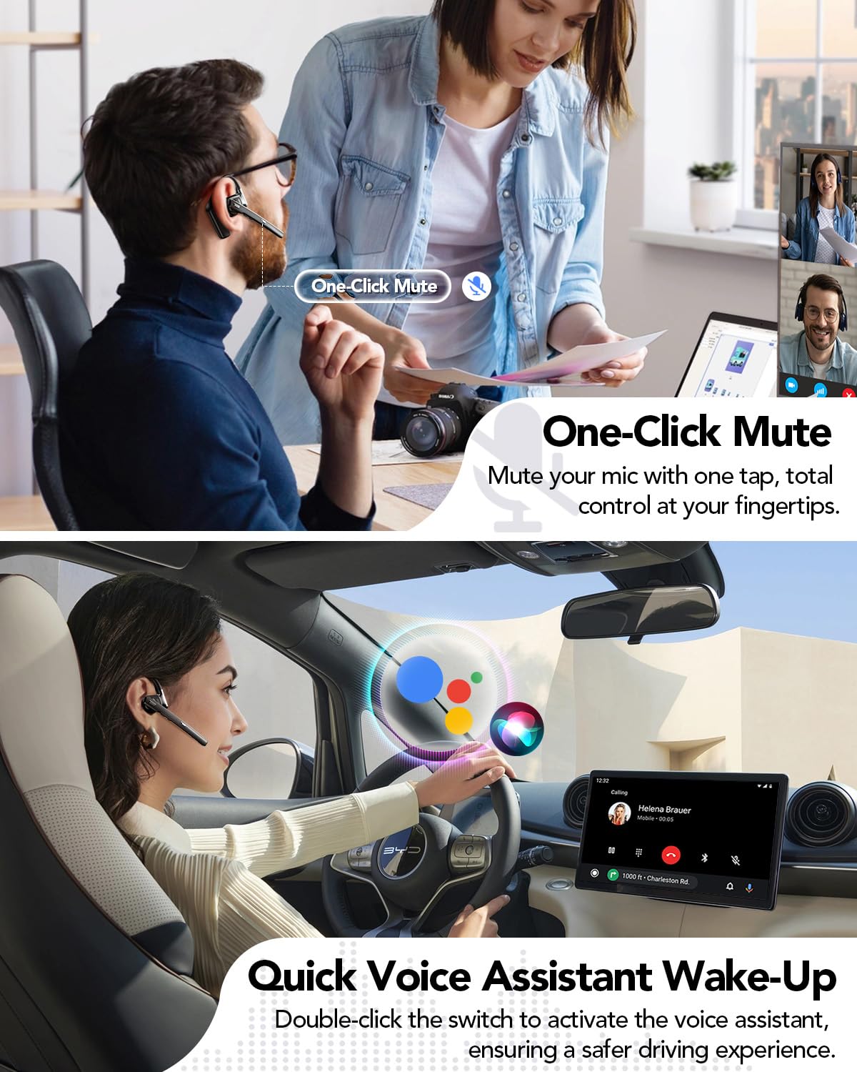 Bluetooth Headset V6.0, Open Ear Wireless Earpiece with Noise Canceling Mic, 96H Talking Time with the 950 mAh Charging Case for iOS Android Laptop