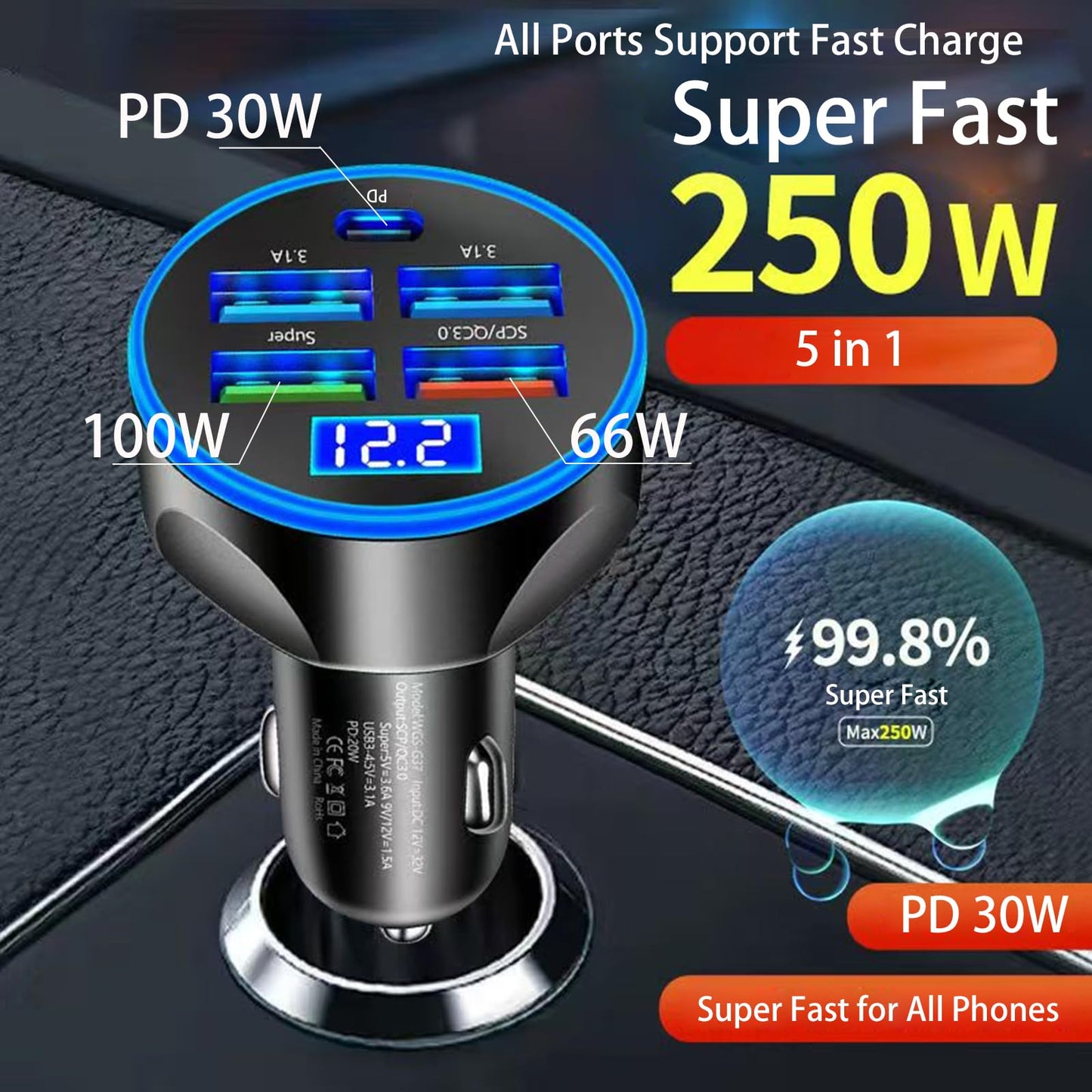 Full PD 30W Multi Port USB C Car Charger Adapter 5 in 1 with Voltage Display, PD4.0/QC4.0/PPS/AFC Super Fast Charging Cigarette Lighter Adapter