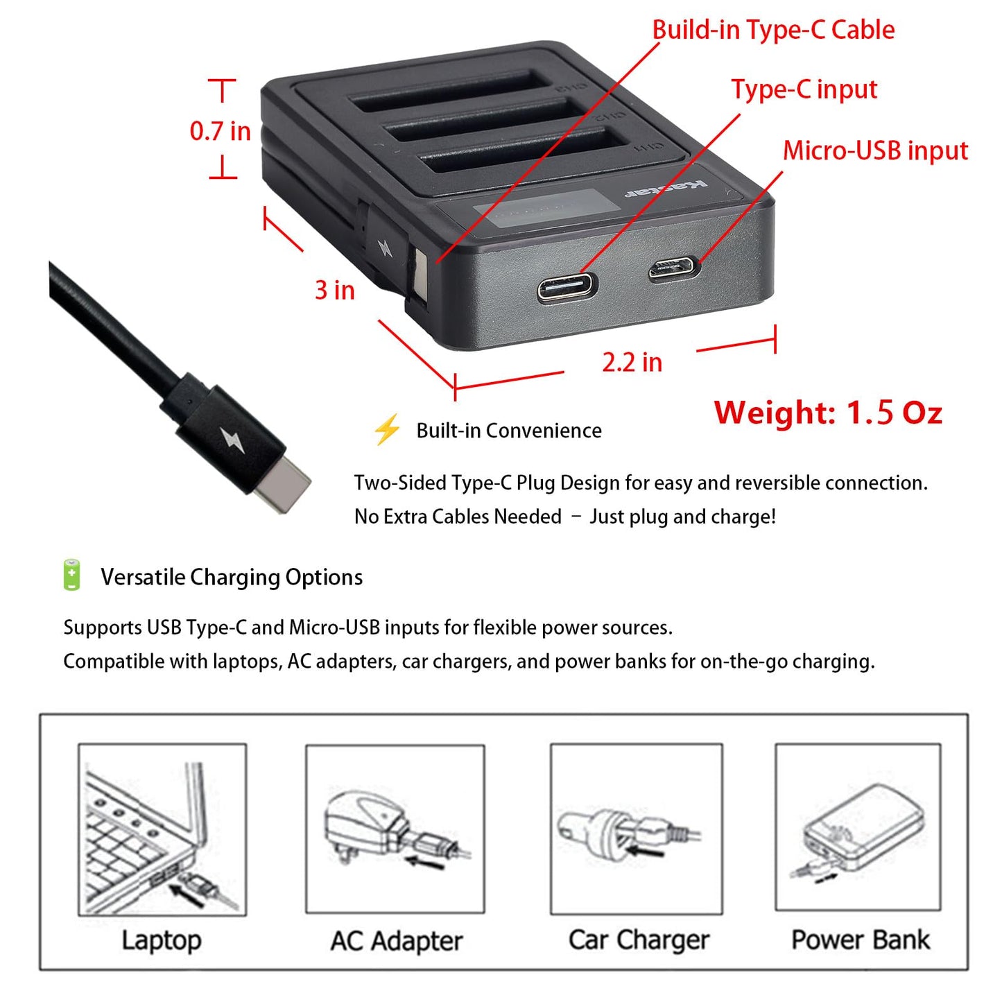 Kastar LZD3 USB Triple Charger Compatible with BP-780S, BP-780CS, CONTAX SL300R, SL300RT, Finecam SL300R, SL400R Cameras