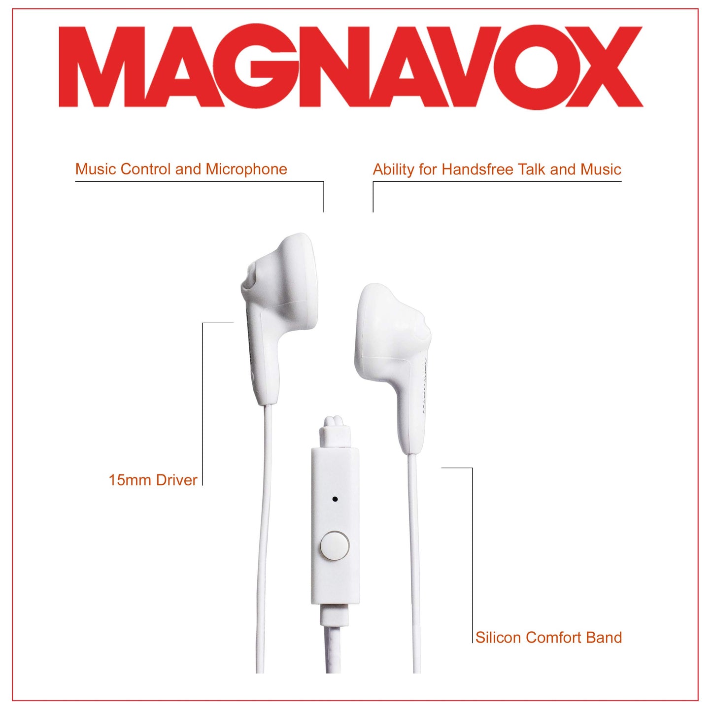 Magnavox White MHP4820M-WH 3.5mm Connector Silicone Stereo Earbuds with Microphone