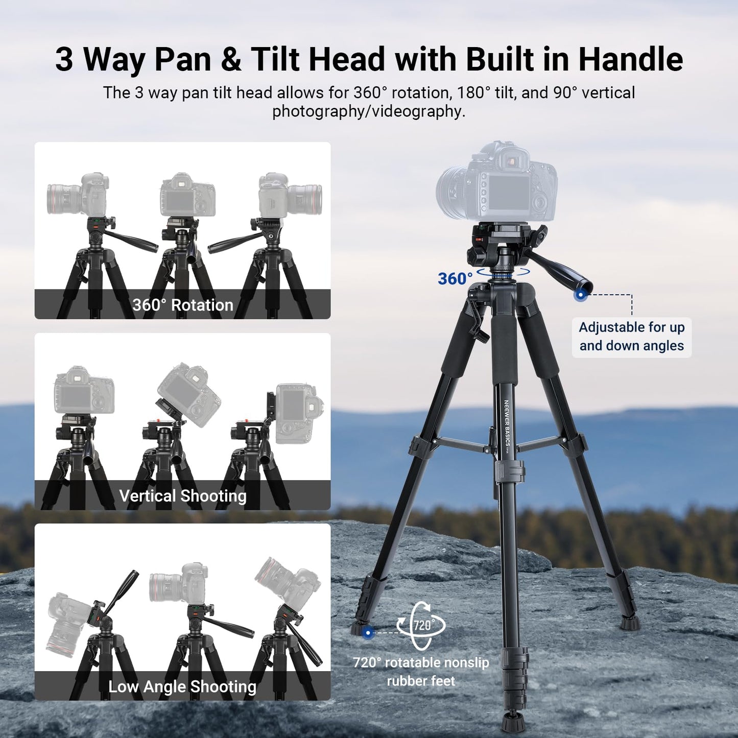 NEEWER Basics Camera Tripod, 74" Tripod with Cell Phone Holder Mount Compatible with iPhone for Video Recording, Professional Aluminum Lightweight