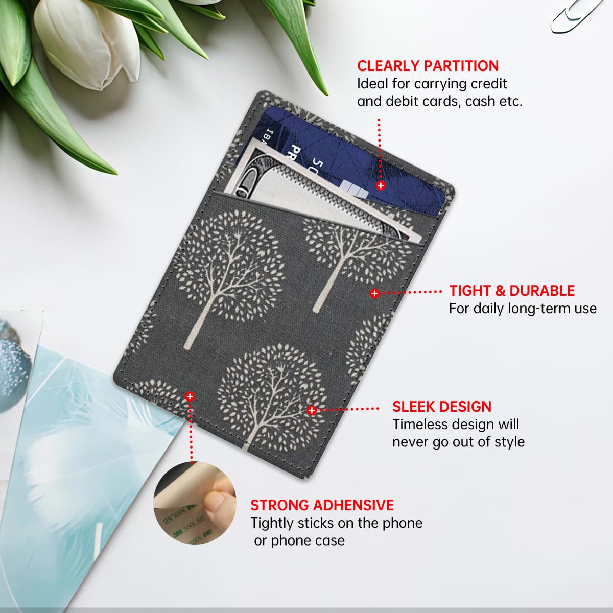 DAORJWL Leather Phone Card Holder, Dual Pocket Wallet, Adhesive Stick On, Cute Credit Card Pocket for Phone Case, Grey Dandelion