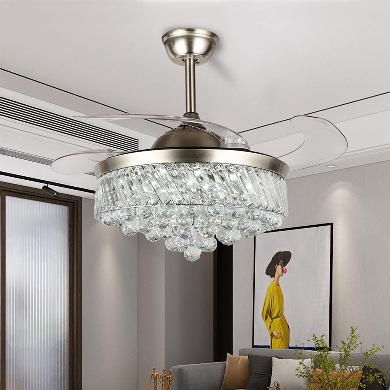 42" Fandelier Crystal Ceiling Fan Lights with Remote, Modern Invisible Hidden Retractable Ceiling Fans with Lights 3-Color Dimming Chandelier Lighting
