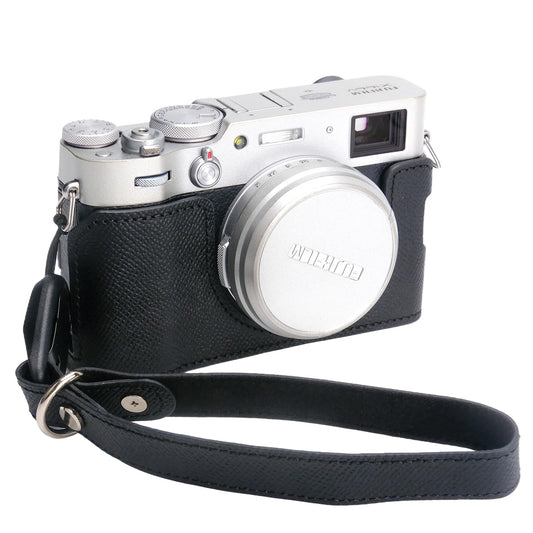 Bowan X100V Camera Case, Handmade Genuine Real Leather Half Camera Case Bag Cover for Fujifilm X100V Camera Bottom Opening Version + Hand Strap