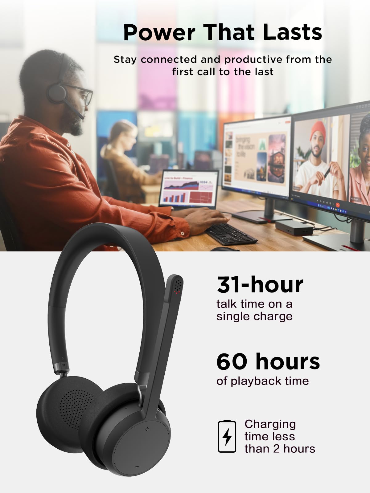 Lenovo Wireless Stereo Headset, Noise Cancelling Mic, Bluetooth 5.3 Multipoint, 31-Hour Talk & 60-Hour Playback, Lightweight 138g, Replaceable Earcups