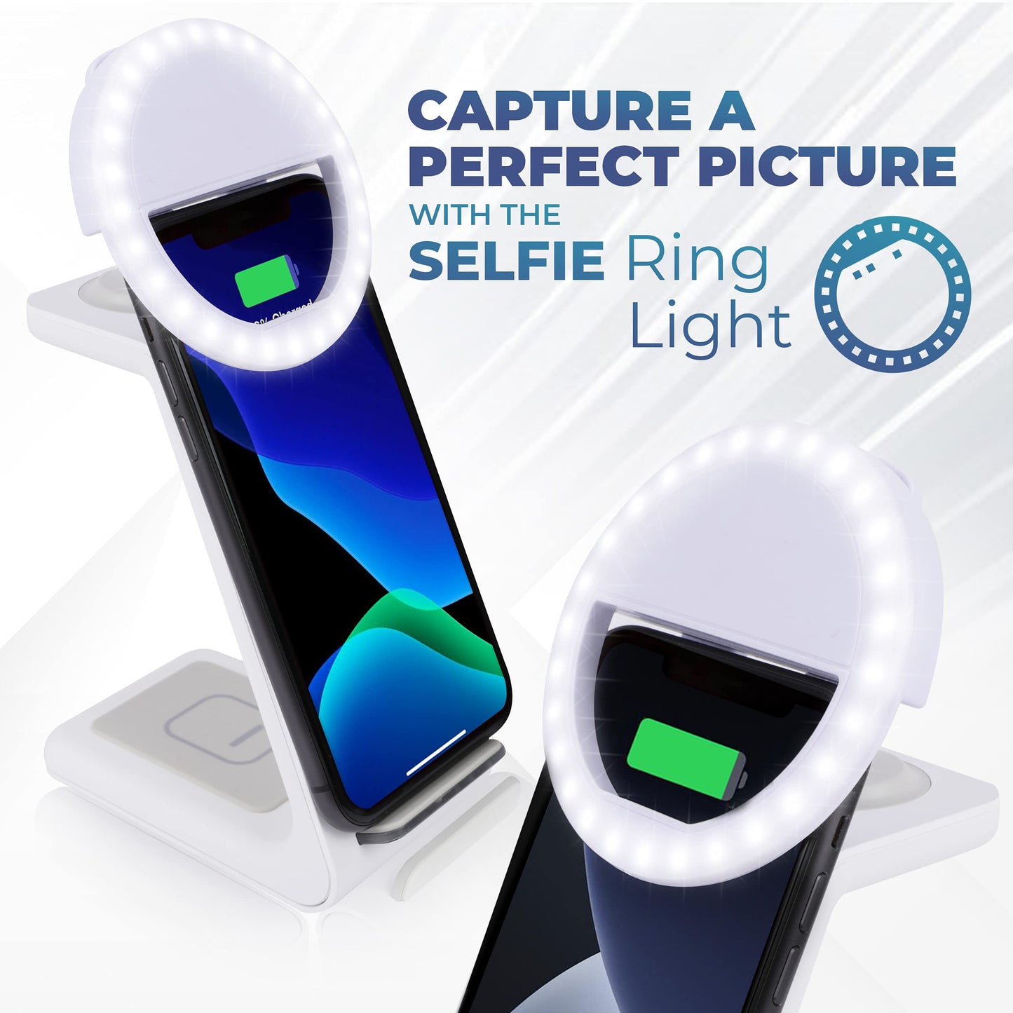 3 in 1 Wireless Fast Charger Station HATAKY with Selfie Ring Light for Apple Watch 6/SE/5/4/3/2, Airpods 2/ Pro, iPhone 13/12 Pro Max/11 Pro XR/XS/X