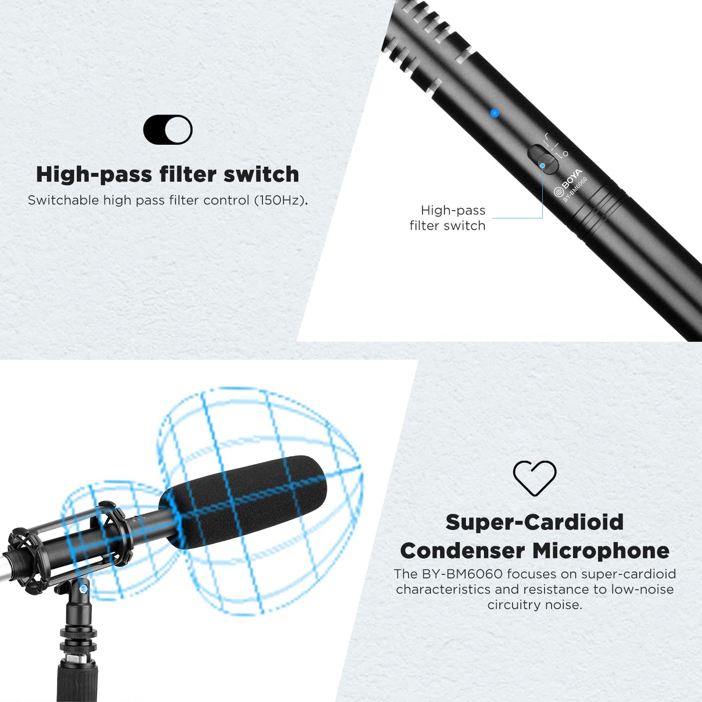 BOYA XLR Microphone BY-BM6060 Super-Cardioid Shotgun Condenser Microphone with 24 48V Phantom Power for Camera Film Interview ENG/EFP Outdoor