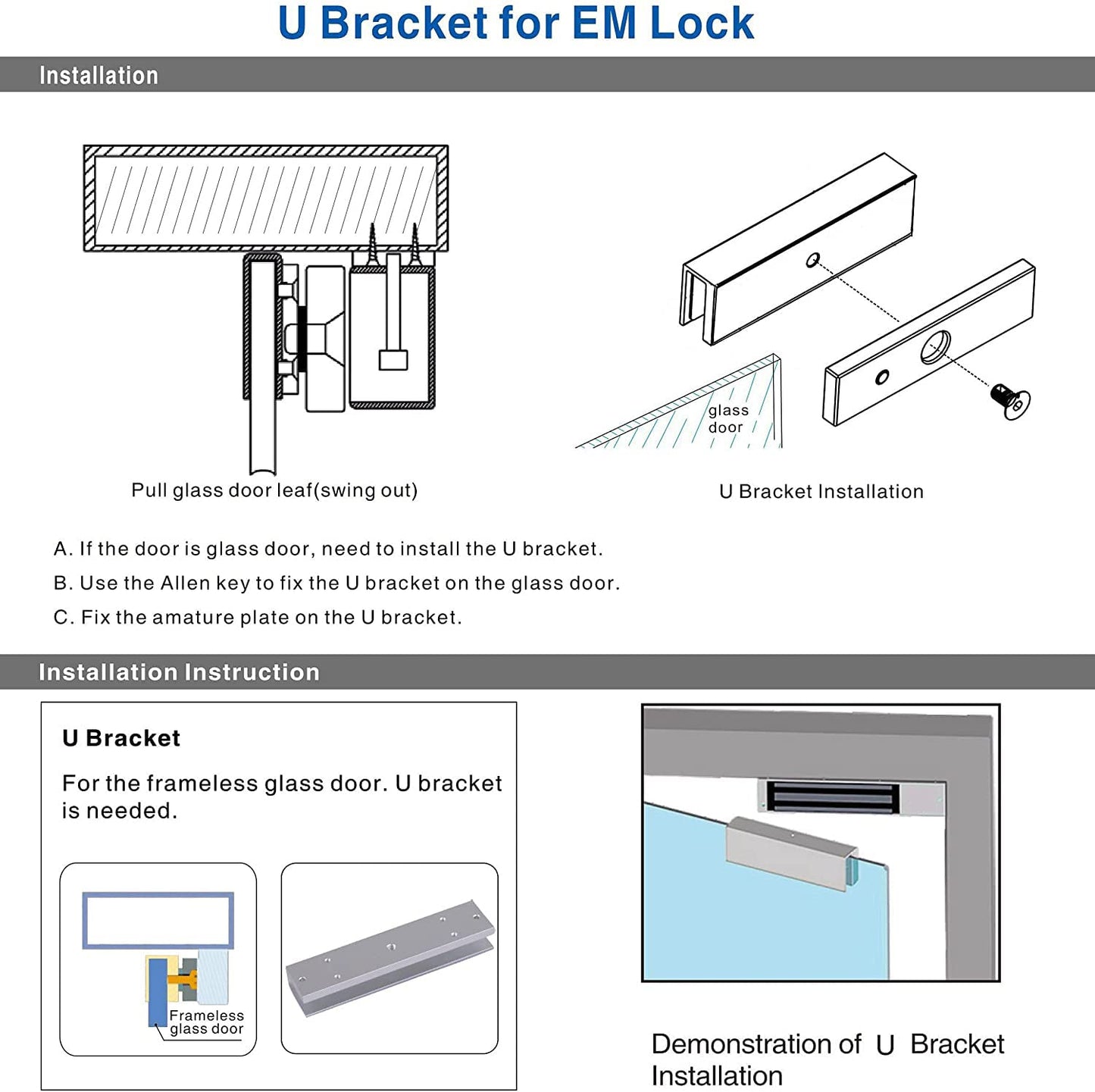 UHPPOTE Aluminum Alloy U-Shape Bracket for 600lbs Magnetic Lock Frameless Glass Door