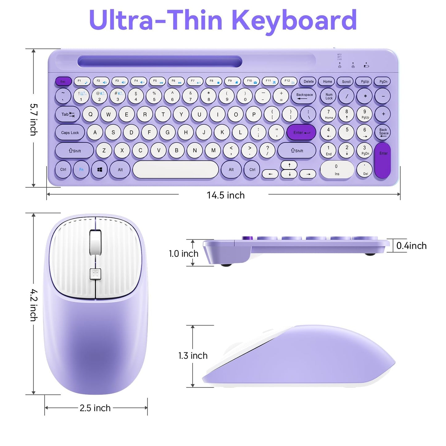 Bluetooth Keyboard and Mouse Wireless, Multi-Device Rechargeable Keyboard and Mouse Combo with Phone Holder (Bluetooth 5.0+3.0+2.4GHz) Quiet Ergonomic