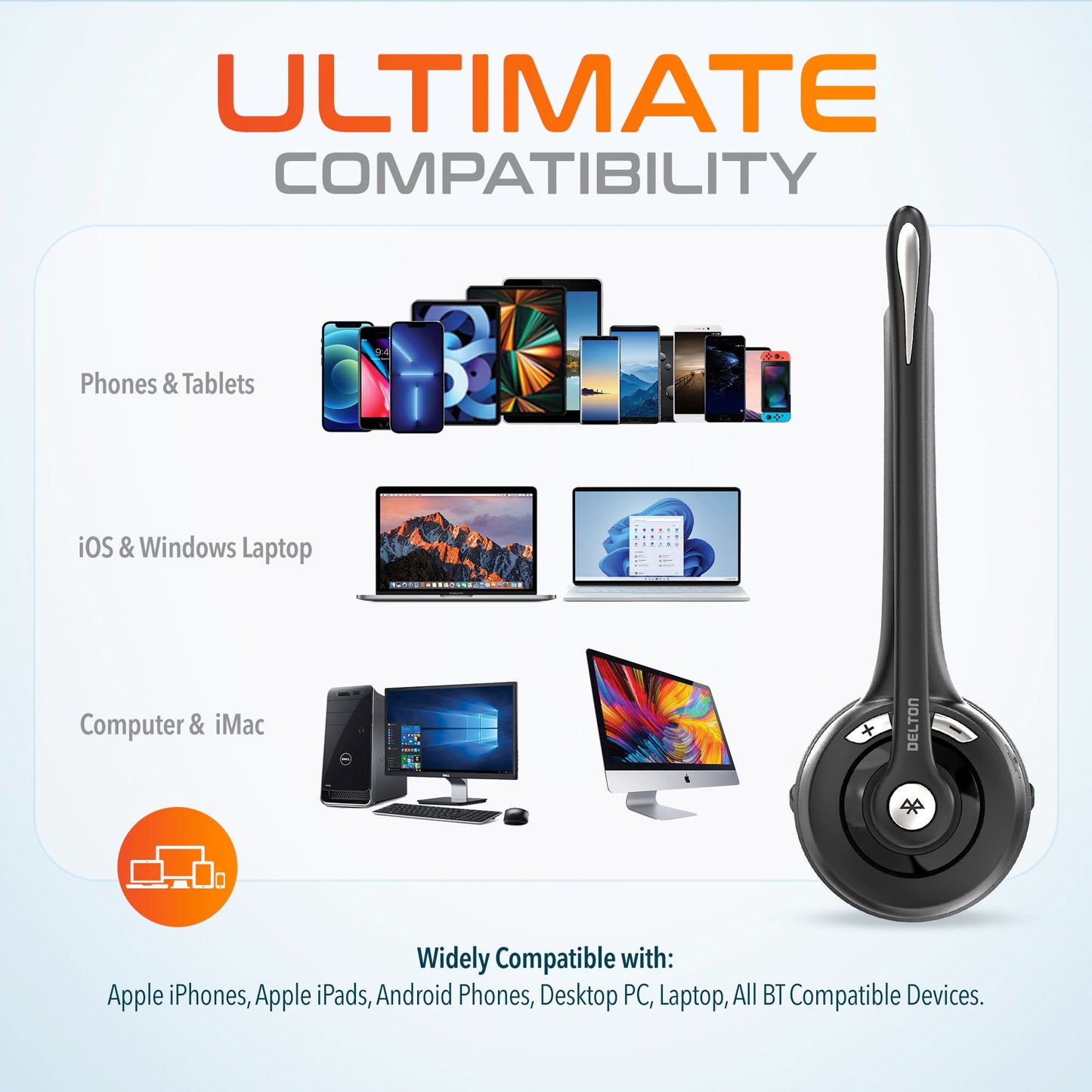 Delton 10X Bluetooth Computer Headset, Over-The-Head Single Ear Wireless Headset with Noise Canceling Mic for Computer/Laptop/Call Center/Truck