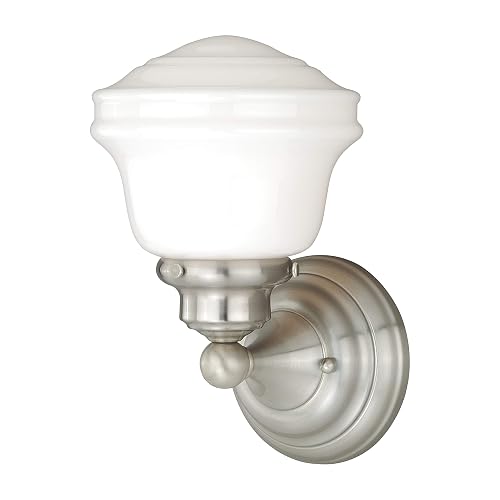 VAXCEL Huntley 1-Light 6.75 inch Wide Satin Nickel Farmhouse Bathroom Vanity Lighting Fixture, White Schoolhouse Milk Glass Globe Shade, Dimmable, LED