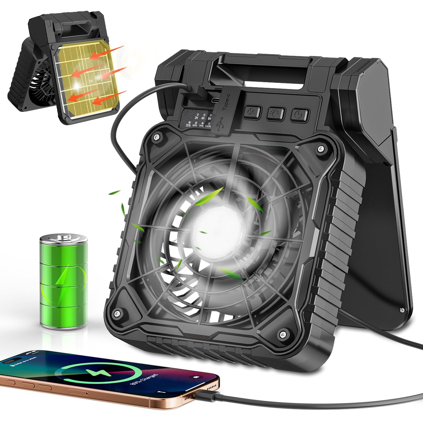 Solar Camping Fan 10400mAh, Solar Powered Fan with LED Lantern, 7W Rechargeable Battery Operated Fans for Outside, 4 Speeds, 2-8H Timer and Quiet