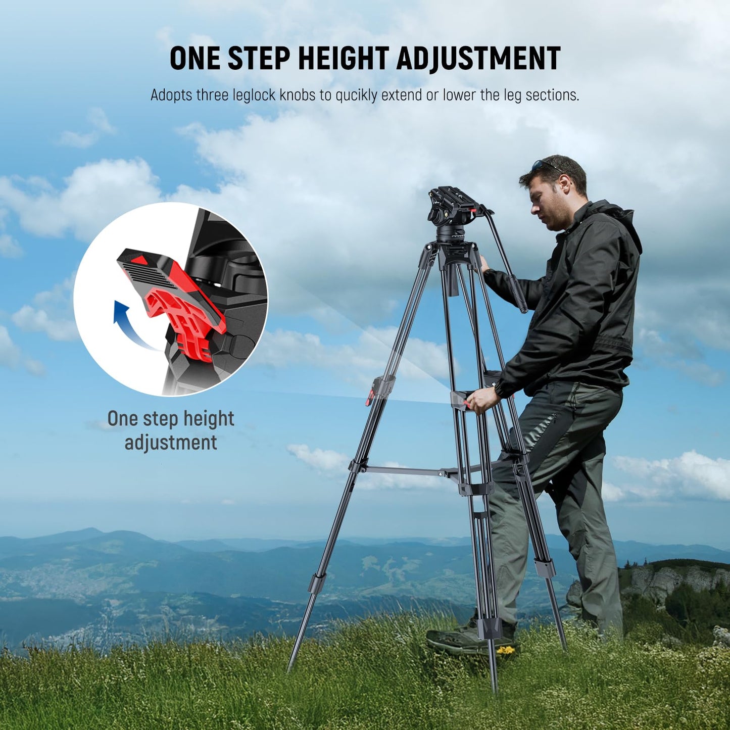 NEEWER 76" Video Camera Tripod with Fluid Head, One Step Quick Release Heavy Duty Aluminum Portable Tripod Stand with Cleaning Cloth, Dual Mode QR