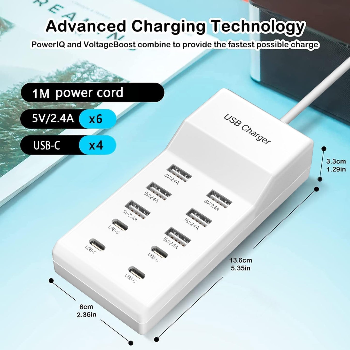 USB C Charger, 50W 10 Ports USB C Charging Station, USB C Charger Block, USB Charger Multiple Devices, USB Power Plug Desktop Charger Hub, USB Wall