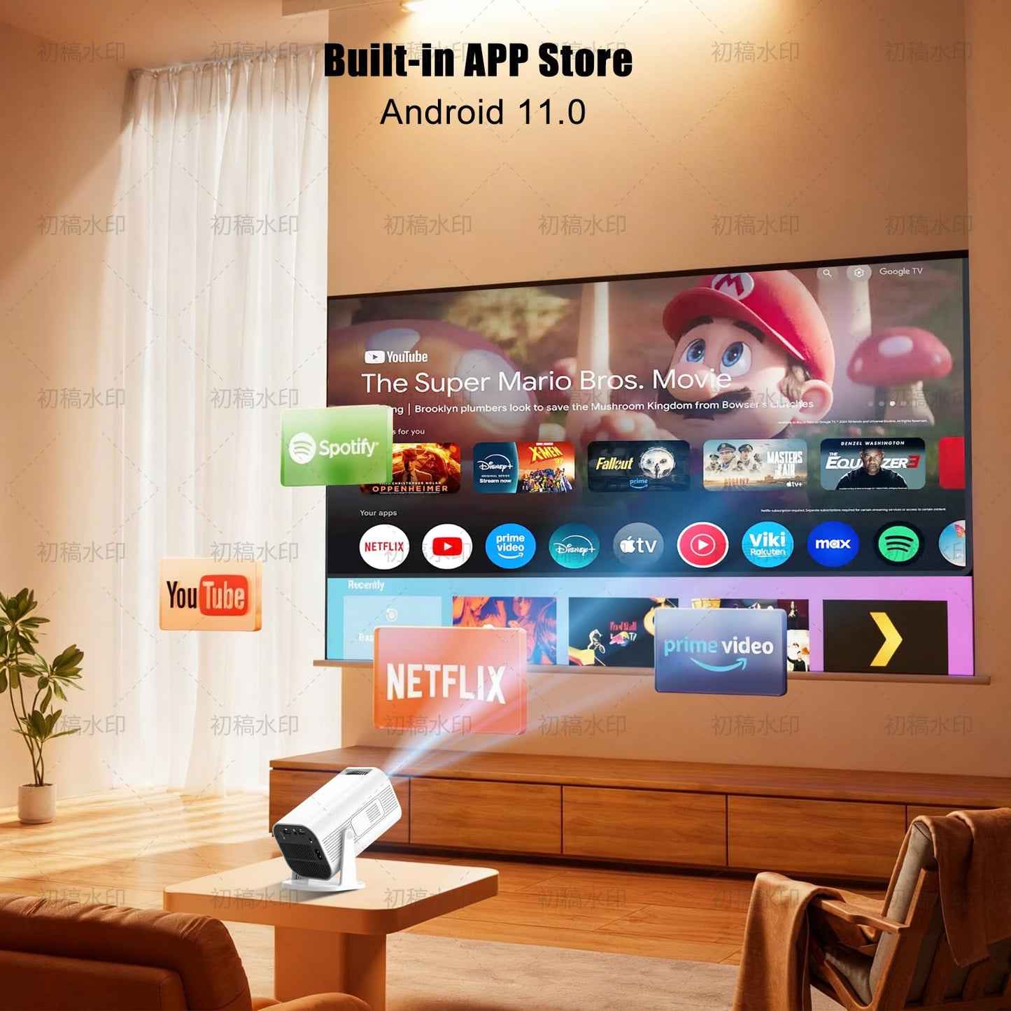 LJYT Mini Projector, 250 ANSI Lumens, Support 4K, Auto Keystone, 210° Rotation, Bluetooth 5.4, WiFi 6, Android 11, 1080P Portable, Compatible