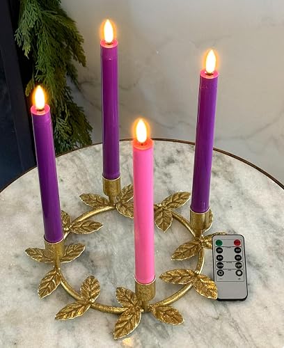 Flameless Advent Candle Set 4-Piece LED Advent Taper Candles Purple and Pink - Soft White Flickering Flame - Remote Control