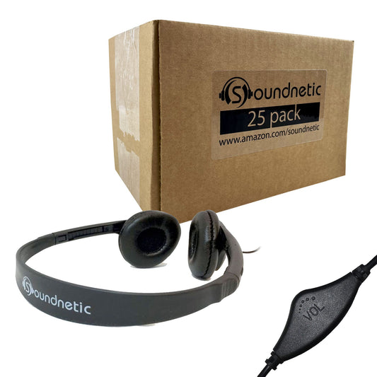 Soundnetic SNCCV Bulk Classroom Headphones 25 Pack - Stereo Headphones with Leatherette Earpads & Volume Control, Black - Ideal for Schools
