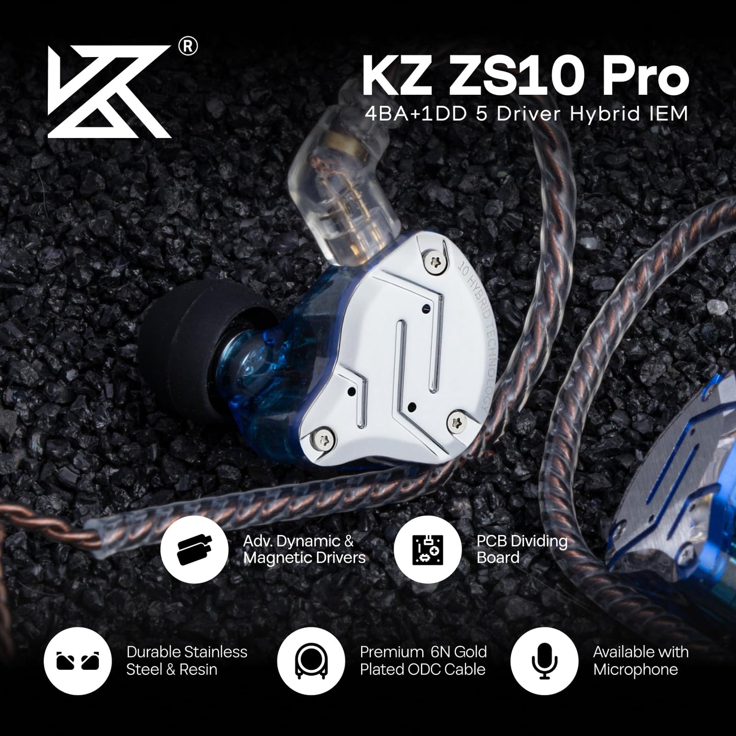 Linsoul KZ ZS10 Pro, 4BA+1DD 5 Driver in Ear Monitor, HiFi Wired Earbuds, Gaming Earbuds, Hybrid IEM Earphones with Stainless Steel Faceplate