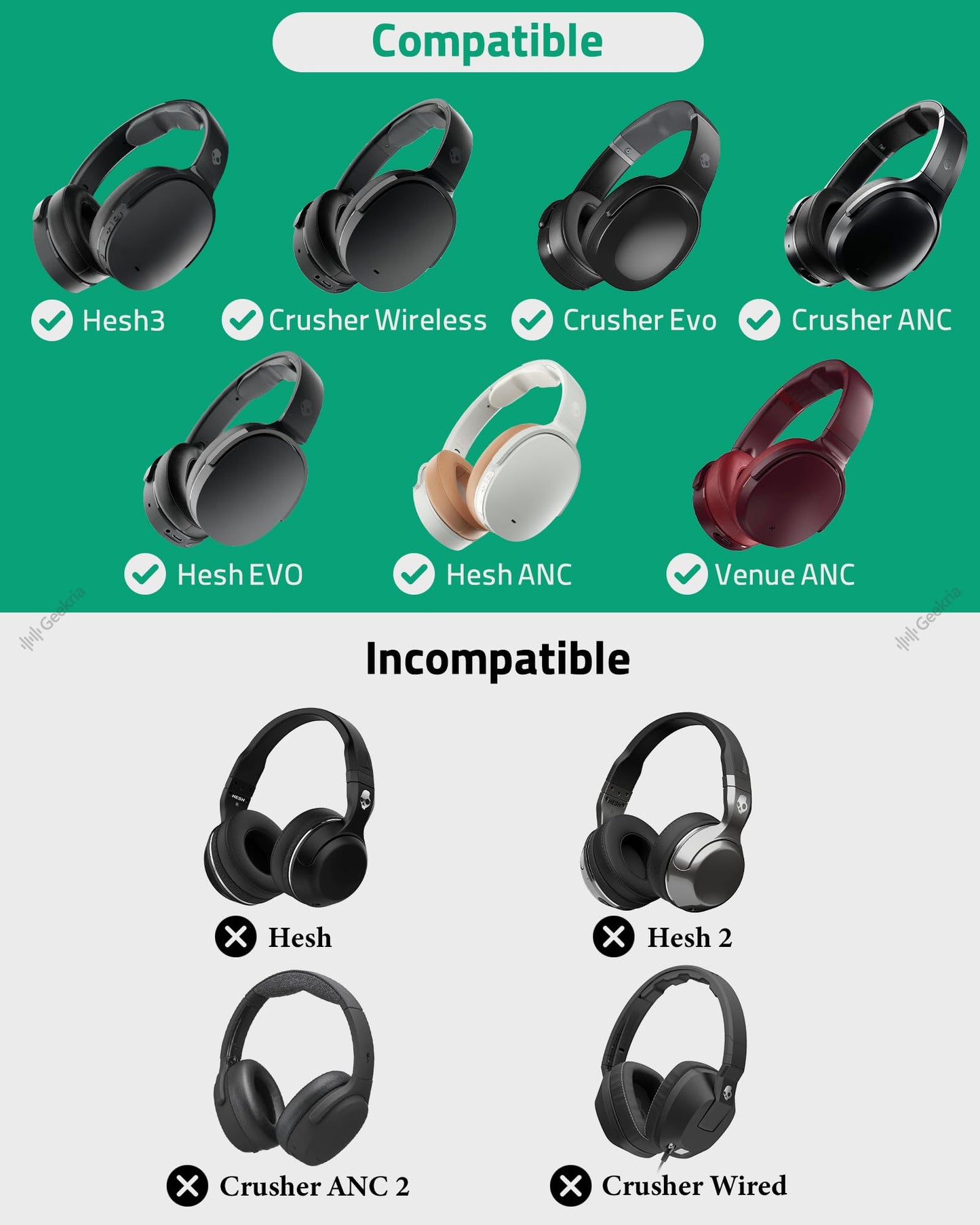 Geekria QuickFit Replacement Ear Pads for Skullcandy Crusher Wireless, Crusher EVO, Crusher ANC, Hesh 3/ EVO/ANC, Venue ANC, Crusher 540 Active