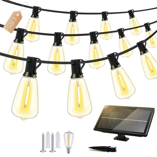 FUANXIEI Outdoor Solar String Lights Waterproof: ST38 50ft Shatterproof Patio Lights - Solar Powered & USB Dual Charging - 3 Modes Button Control
