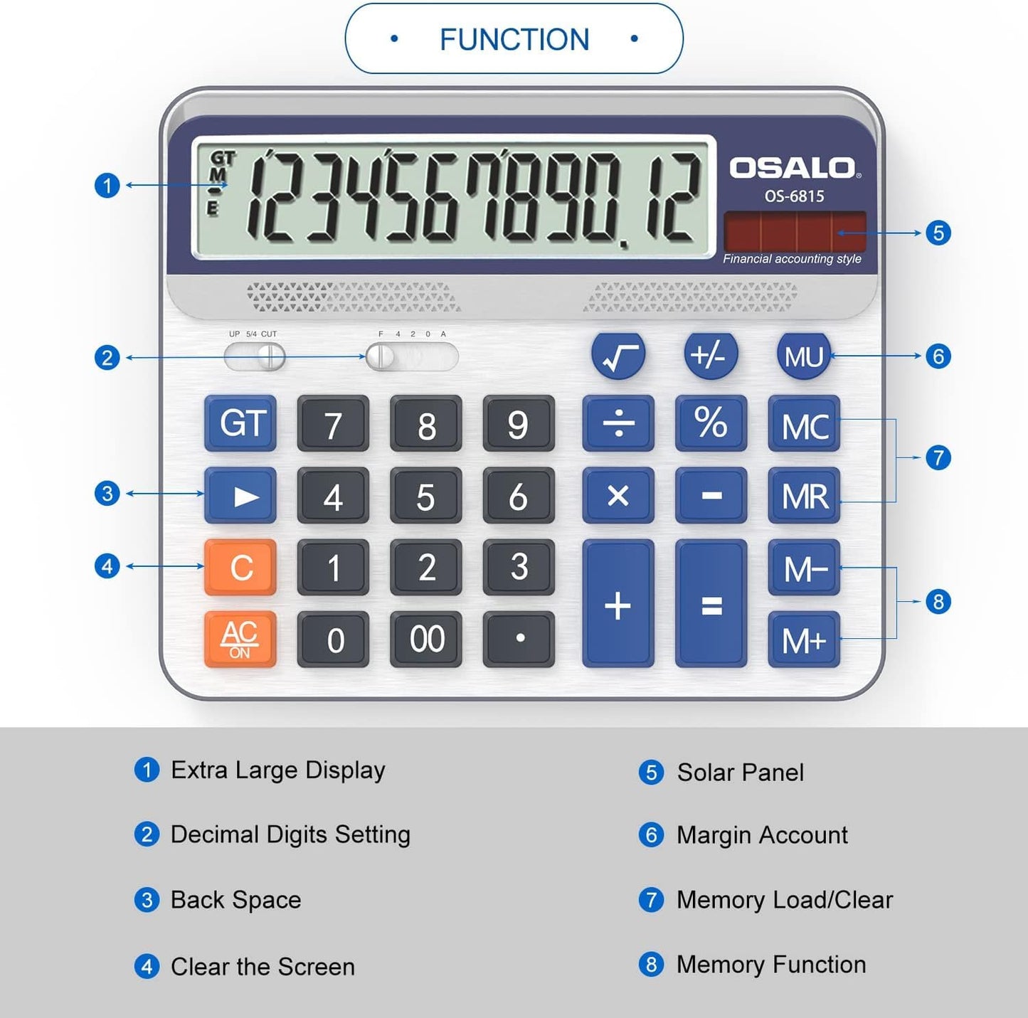 Desktop Calculator Extra Large 5-Inch LCD Display 12-Digit Big Number Accounting Calculator with Giant Response Button, Battery & Solar Powered