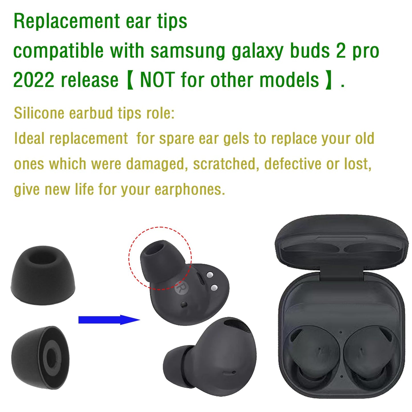 WKYMY Earbud Replacement Tips Compatible with Samsung Galaxy Buds 2 Pro - Silicone Ear Bud Rubber Tips - S/M/L (Black) 6 Pairs