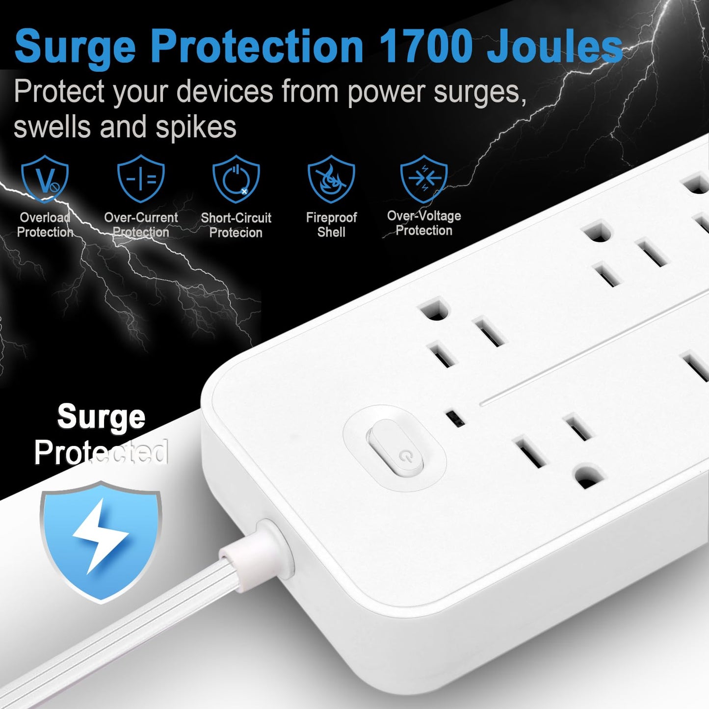 Power Bars with Surge Protector, Flat Plug Exetnsion Cord, Power Strip Outlet Extender with 6 Outlets and 4 USB Ports(1 USB C), Wall Mount for Home