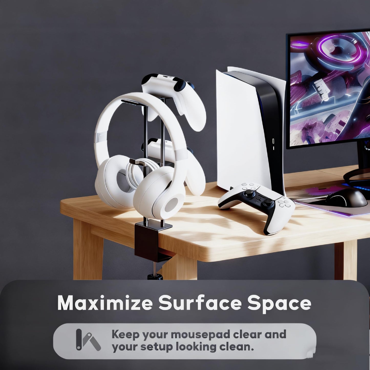 TpeeTeek Headphone Stand with Controller Holder, Aluminum Under Desk Clamp Headset and Controller Stand - 2 in 1 Headphone Hanger for Desktop PC