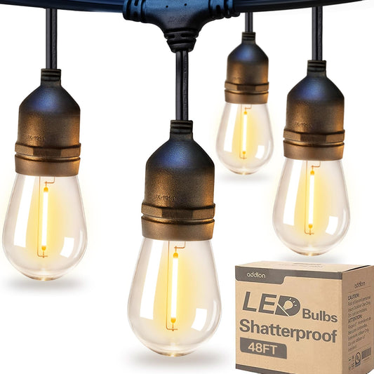 addlon LED Outdoor String Lights 48FT with Edison Vintage Shatterproof Bulbs and Commercial Grade Weatherproof Strand - ETL Listed Decorative Lights