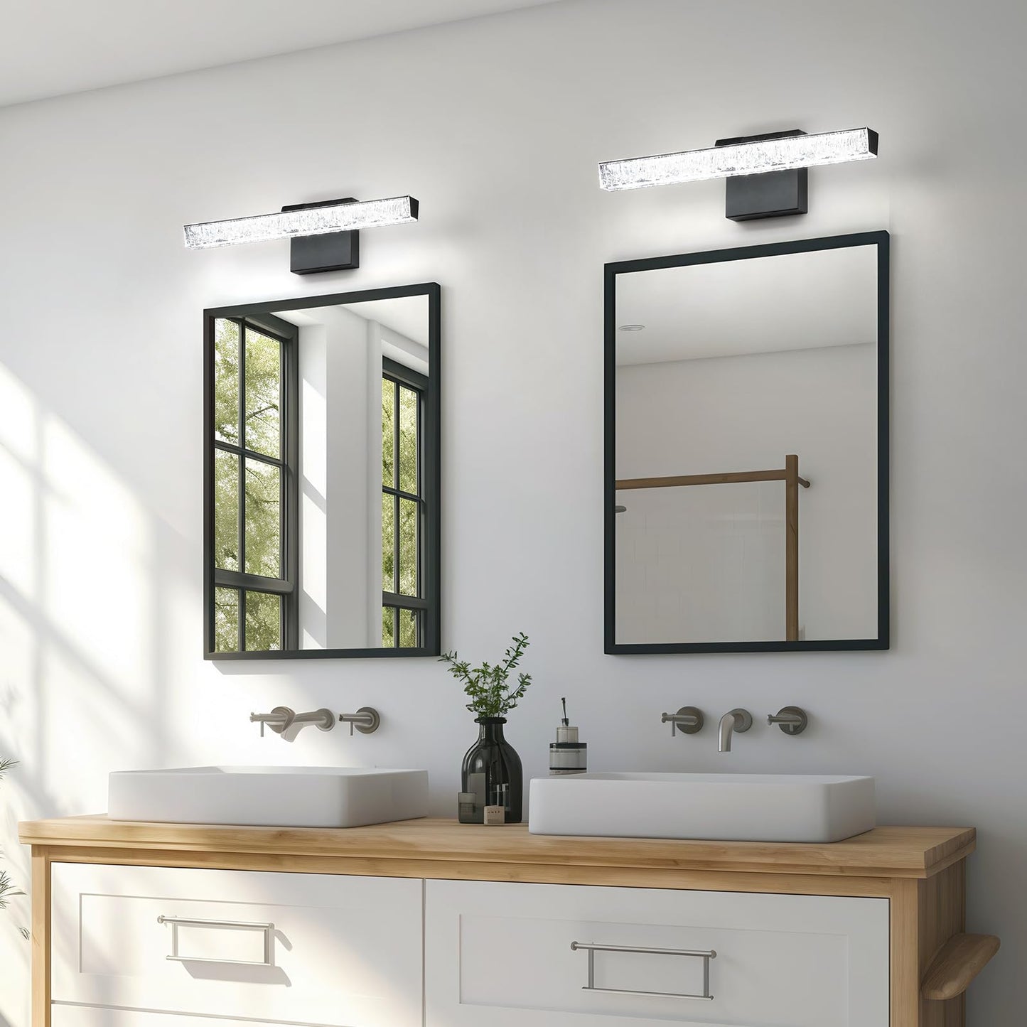 Bicrink Modern LED Bathroom Vanity Light Fixtures, 16-Inch Black Wall Sconce with Iceberg Crackle Acrylic, Linear Bathroom Lighting Over Mirror