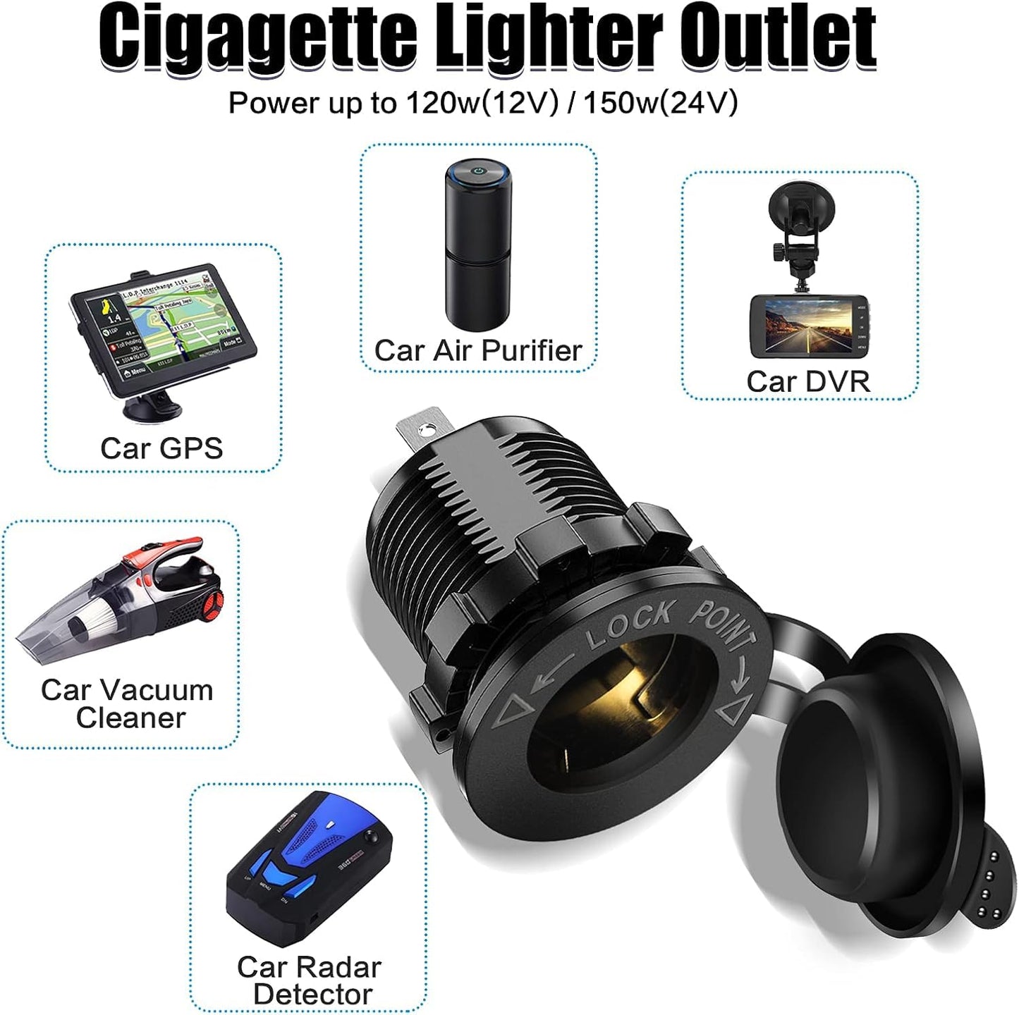 [Upgraded] Tent Type Panel 12V USB Outlet, Quick Charge PD3.0& Dual USB 3.0 Car Charger with LED Voltmeter & Switch+12V/24V Cigarette Lighter Socket
