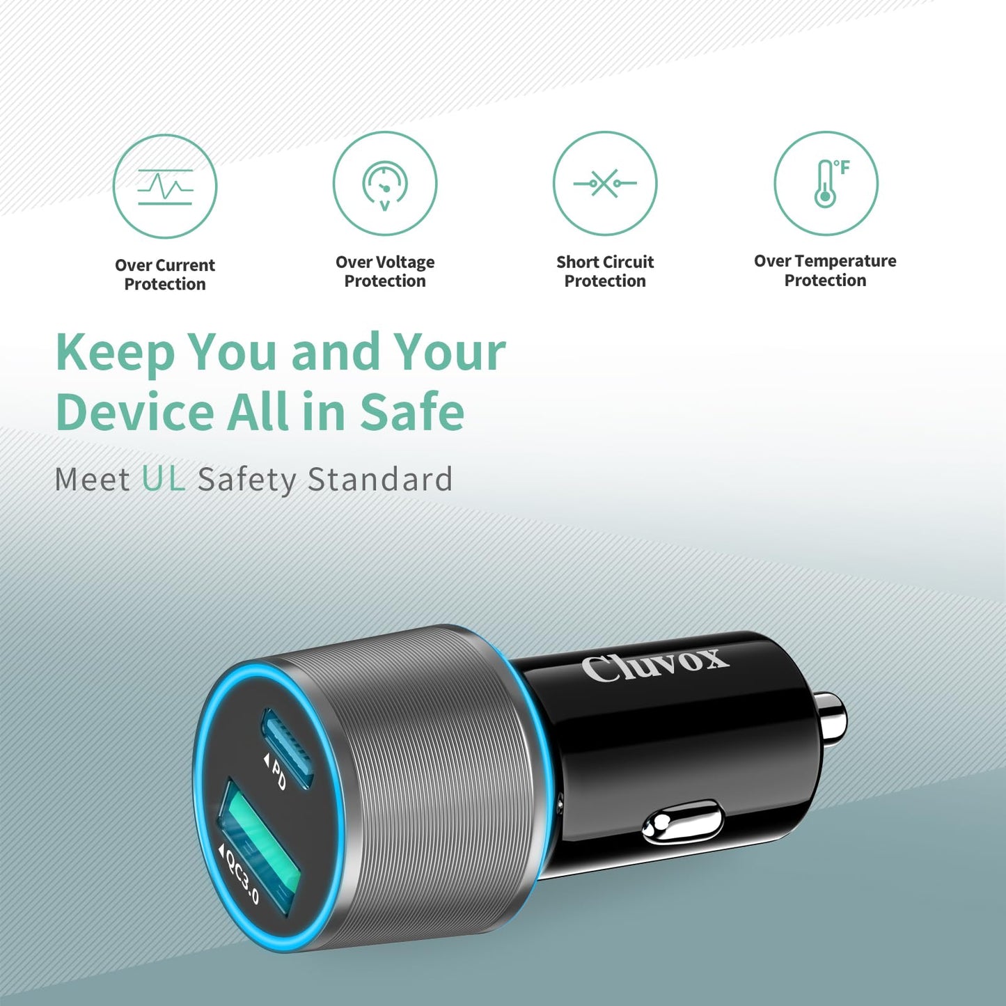 38W USB C Car Charger Adapter, 20W Fast USB-C & 18W Rapid QC3.0 Ports, 12V Cigarette Lighter Adapter for iPhone 17/16 /15, Google Pixel, Samsung