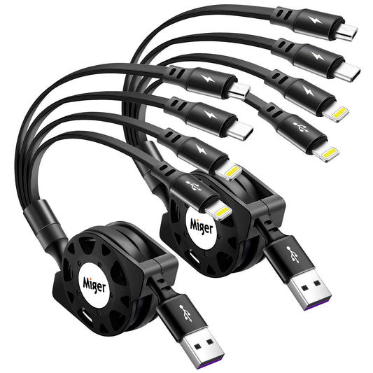 Multi Charging Cable 4A [2Pack 4Ft] Retractable USB Fast Charger Cord 4 in 1 Chargers for Multiple Devices with Lightning/Type C/Micro USB Port