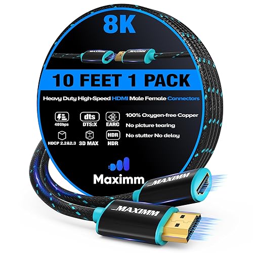 Maximm HDMI Extension Cable Male to Female (10 Feet), 8K & 10K Ultra HD, High-Speed, HDCP, ARC, 3D, 1080p to 2160p Video, 50Gbps Bandwidth